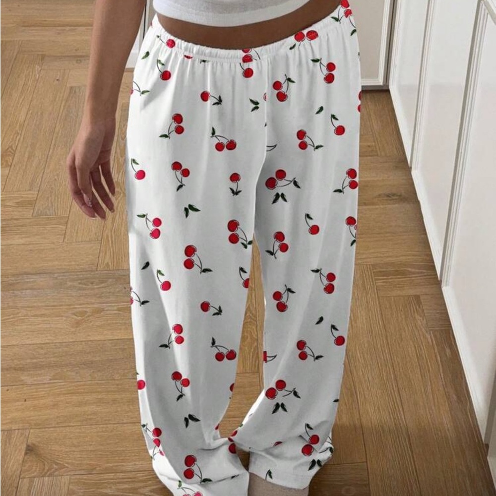 SHEIN White Cherry Print Pants